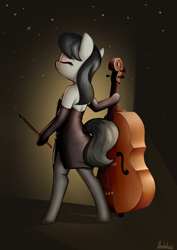 Size: 2480x3510 | Tagged: safe, artist:andelai, octavia melody, earth pony, semi-anthro, g4, arm hooves, bipedal, cello, clothes, dress, eyes closed, female, high res, musical instrument, solo, tail, tail hole