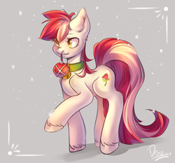 Size: 3000x2800 | Tagged: safe, artist:draco zero, roseluck, earth pony, pony, g4, bell, bell collar, christmas ornament, collar, commission, commissioner:doom9454, cute, decoration, high res, mouth hold, pony pet, rosepet, snow, solo