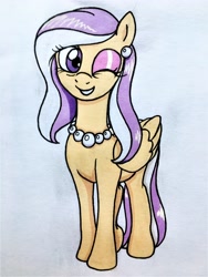 Size: 3024x4032 | Tagged: safe, artist:killerteddybear94, oc, oc only, oc:vanilla pearl, pegasus, pony, ear piercing, earring, female, jewelry, looking at you, mare, necklace, one eye closed, pearl necklace, pegasus oc, piercing, smiling, solo, traditional art, wink
