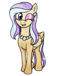 Size: 1350x1800 | Tagged: safe, artist:killerteddybear94, edit, editor:ciaran, oc, oc only, oc:vanilla pearl, pegasus, pony, 2023 community collab, derpibooru community collaboration, ear piercing, earring, female, jewelry, looking at you, mare, necklace, one eye closed, pearl necklace, pegasus oc, piercing, simple background, smiling, solo, traditional art, transparent background, wink