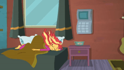 Size: 520x293 | Tagged: safe, screencap, sunset shimmer, human, eqg summertime shorts, equestria girls, g4, monday blues, alarm clock, animated, barefoot, bed hair, clock, clothes, feet, female, gif, majestic as fuck, messy hair, pajamas, running, sleeping, snoring, sunset's apartment, waking up