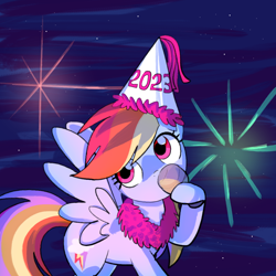 Size: 1200x1200 | Tagged: safe, artist:andromedasparkz, rainbow dash, pegasus, pony, g4, 2023, female, hat, hoof hold, mare, new year, party hat, solo, spread wings, wings