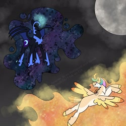 Size: 1600x1600 | Tagged: safe, artist:bestbithe15th, nightmare moon, princess celestia, alicorn, pony, g4, curved horn, duo, horn
