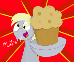 Size: 1120x945 | Tagged: safe, artist:kanw, derpibooru exclusive, derpy hooves, pegasus, pony, g4, food, muffin, offering, open mouth, solo, talking to viewer, text