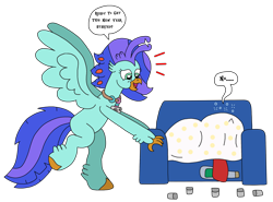 Size: 2668x1978 | Tagged: safe, artist:supahdonarudo, oc, oc only, oc:ironyoshi, oc:sea lilly, classical hippogriff, hippogriff, pony, unicorn, alcohol, blanket, camera, champagne, couch, dialogue, excited, glass, hangover, happy new year, hippogriff oc, holding, holiday, horn, jewelry, necklace, shot glass, simple background, speech bubble, text, transparent background, under blanket, unicorn oc, wine