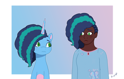 Size: 2800x1800 | Tagged: safe, artist:briarlight, misty brightdawn, human, pony, unicorn, g5, clothes, colored fetlocks, colored lineart, cornrows, cute, cutie mark on clothes, dark skin, duo, female, freckles, green eyes, human paradox, human ponidox, humanized, mare, mistybetes, sad, self paradox, self ponidox, simple background, transparent background