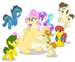 Size: 5355x4413 | Tagged: safe, artist:aleximusprime, pound cake, princess flurry heart, pumpkin cake, oc, oc:annie smith, oc:apple chip, oc:buttercream the dragon, oc:storm streak, dragon, earth pony, pegasus, pony, unicorn, fanfic:go north young dragon, flurry heart's story, g4, belly hug, bow, chubby, colt, cute, dragon oc, dragoness, fat, female, filly, foal, happy, holding a pony, hug, male, non-pony oc, northern drake, older, older flurry heart, older pound cake, older pumpkin cake, pigtails, spike's family