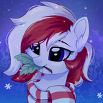 Size: 3500x3500 | Tagged: safe, artist:stesha, oc, oc only, oc:red wine, pony, bust, christmas, clothes, commission, cute, ear fluff, high res, holiday, holly, holly mistaken for mistletoe, looking at something, mouth hold, portrait, scarf, sky, sky background, smiling, snow, snowfall, solo, striped scarf, two toned mane, ych result