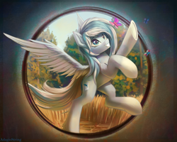 Size: 2500x2000 | Tagged: safe, artist:adagiostring, oc, oc only, butterfly, pegasus, pony, blue eyes, commission, cute, female, forest, full body, grass, high res, pegasus oc, solo, tree