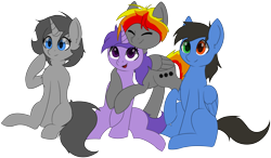 Size: 3205x1878 | Tagged: safe, artist:nyrikiri, oc, oc only, oc:chroma shine, oc:glorious shark, oc:grapie, oc:rony_ram, pegasus, pony, unicorn, 2023 community collab, derpibooru community collaboration, eyes closed, female, group, horn, male, mare, open mouth, pegasus oc, simple background, sitting, stallion, transparent background, unicorn oc, wings