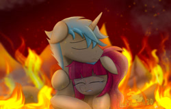 Size: 1118x715 | Tagged: safe, artist:lordshrekzilla20, oc, oc:brimstone, oc:red rose, earth pony, pony, unicorn, fanfic:a king to a god, crying, earth pony oc, fanfic art, fear, fire, horn, hug, unicorn oc