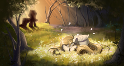 Size: 4096x2192 | Tagged: safe, artist:kebchach, oc, oc only, butterfly, pegasus, pony, unicorn, crepuscular rays, duo, flower, forest, horn, lying down, pegasus oc, prone, sleeping, solo focus, unicorn oc
