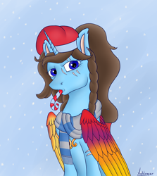 Size: 1528x1710 | Tagged: safe, artist:valdemar, oc, oc only, oc:yulianna remedy, alicorn, pony, alicorn oc, bust, candy, candy cane, christmas, clothes, cute, female, food, hat, holiday, horn, looking at you, mare, portrait, scarf, snow, snowfall, solo, striped scarf, wings