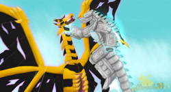 Size: 1217x657 | Tagged: safe, artist:lordshrekzilla20, kaiju, robot, fanfic:a king to a god, barely pony related, fanfic art, fight, godzilla (series), king ghidorah, mech, mechagodzilla, shin ghidorah