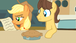 Size: 1920x1080 | Tagged: safe, artist:mlplary6, applejack, caramel, earth pony, pony, g4, angry, animated, boyfriend and girlfriend, duo, female, food, gif, male, mare, pie, reading, ship:carajack, shipping, slap, smiling, stallion, straight