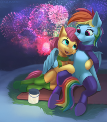 Size: 1854x2112 | Tagged: safe, artist:foxpit, fluttershy, rainbow dash, pegasus, pony, g4, clothes, cuddling, cute, duo, duo female, female, fireworks, hug, jewelry, lesbian, necklace, open mouth, open smile, outdoors, scarf, ship:flutterdash, shipping, sitting, smiling, socks, stockings, tail, thigh highs, winghug, wings