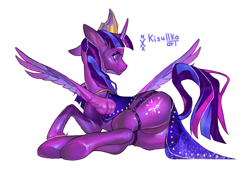 Size: 7016x4961 | Tagged: safe, artist:kisullkaart, twilight sparkle, alicorn, pony, g4, alternate design, blushing, butt, clothes, commission, commissions open, crown, cute, deviantart, female, glowing, glowing horn, horn, jewelry, peytral, plot, regalia, simple background, slender, solo, spread wings, thin, twibutt, twilight sparkle (alicorn), underhoof, white background, wings