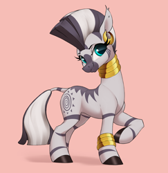 Size: 2680x2755 | Tagged: safe, artist:aquaticvibes, zecora, zebra, bracelet, cute, female, jewelry, looking at you, mare, neck rings, raised hoof, red background, simple background, slim, smiling, smiling at you, solo, thin, zecorable