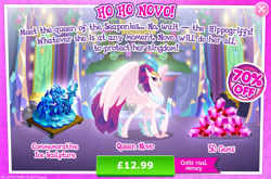 Size: 1957x1293 | Tagged: safe, gameloft, princess ember, queen novo, thorax, hippogriff, g4, my little pony: magic princess, my little pony: the movie, advertisement, beak, costs real money, english, female, gem, ice sculpture, introduction card, mobile game, numbers, sale, solo, spread wings, text, wings
