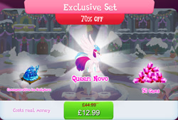 Size: 1270x857 | Tagged: safe, gameloft, princess ember, queen novo, thorax, changedling, changeling, hippogriff, g4, my little pony: magic princess, my little pony: the movie, beak, bundle, costs real money, english, female, gem, ice sculpture, king thorax, mobile game, numbers, sale, solo, spread wings, text, wings