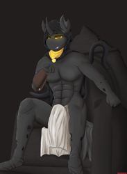 Size: 2480x3386 | Tagged: safe, artist:drawalaverr, oc, oc only, oc:flavis, changeling, anthro, anthro oc, bedroom eyes, bracelet, chair, changeling oc, cloak, clothes, commission, fangs, high res, hood, jewelry, loincloth, looking at you, male, muscles, muscular male, simple background, sitting, solo, teeth, tentacles, throne, yellow changeling, yellow eyes