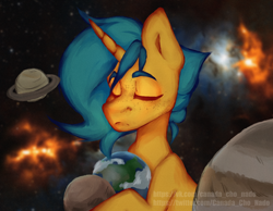 Size: 4500x3500 | Tagged: safe, artist:хлебушек, oc, oc:wry bell, pony, unicorn, eyes closed, horn, planet, pony bigger than a planet, solo, unicorn oc