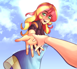 Size: 1414x1264 | Tagged: safe, artist:exvius, sunset shimmer, human, equestria girls, g4, cloud, cloudy, helping, offscreen character, pov, reaching, solo