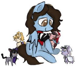 Size: 1606x1408 | Tagged: safe, artist:metaruscarlet, oc, oc only, oc:badgering badger, cat, cat pony, earth pony, original species, pegasus, pony, unicorn, 2023 community collab, derpibooru community collaboration, bandana, blake belladonna, clothes, crossover, female, male, mare, ponified, raised hoof, ruby rose, rwby, shirt, simple background, sitting, solo, stallion, transparent background, weiss schnee, yang xiao long