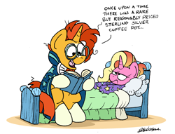 Size: 2060x1572 | Tagged: safe, artist:bobthedalek, luster dawn, sunburst, pony, unicorn, g4, bed, bedtime story, blaze (coat marking), book, cloak, clothes, coat markings, duo, facial markings, father and child, father and daughter, fathers gonna father, female, filly, filly luster dawn, foal, footed sleeper, footie pajamas, luster dawn is not amused, luster dawn is starlight's and sunburst's daughter, male, misery, onesie, pajamas, parent and child, parent:starlight glimmer, parent:sunburst, parents:starburst, socks (coat markings), stallion, suffering, sunburst's cloak, that pony sure does love antiques, unamused, younger