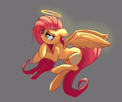 Size: 3728x3118 | Tagged: safe, artist:solid shrimp, fluttershy, angel, pegasus, pony, g4, alternate cutie mark, female, flying, gray background, halo, high res, mare, simple background, slender, solo, thin