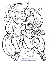 Size: 695x900 | Tagged: safe, artist:marybellamy, applejack, rarity, earth pony, pony, unicorn, semi-anthro, g4, arm hooves, blushing, cuddling, cute, duo, duo female, female, floating heart, heart, human shoulders, jackabetes, lesbian, lightly watermarked, lineart, lip bite, looking at each other, looking at someone, looking up, monochrome, patreon, patreon reward, raribetes, ship:rarijack, shipping, simple background, watermark, white background