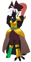 Size: 2500x5000 | Tagged: safe, artist:medkit, captain celaeno, oc, oc only, oc:shade the raven, bird, ornithian, raven (bird), anthro, 2023 community collab, derpibooru community collaboration, g4, my little pony: the movie, anthro oc, armor, augmented, clothes, coin, cosplay, costume, ear piercing, earring, eyeshadow, feather, feather tail, female, folded wings, gold, happy, hat, high res, jewelry, looking at you, makeup, metal, paint tool sai 2, pants, piercing, pirate, pirate hat, simple background, sketch, smiling, solo, standing, transparent background, wings