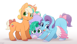 Size: 1200x690 | Tagged: safe, artist:higglytownhero, glory (g5), peach fizz, seashell (g5), earth pony, pegasus, pony, unicorn, g5, bow, cute, daaaaaaaaaaaw, female, filly, foal, glorydorable, hnnng, looking at you, mare, open mouth, open smile, peachsweet, pippsqueak trio, pippsqueaks, shellabetes, smiling, smiling at you, tail, tail bow, trio, trio female, weapons-grade cute