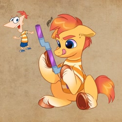 Size: 2048x2048 | Tagged: safe, artist:haruh_ink, earth pony, human, pony, clothes, coat markings, colt, floppy ears, foal, freckles, high res, hoof heart, hoof hold, male, orange pony, phineas and ferb, phineas flynn, pipe (plumbing), ponified, shirt, sitting, socks (coat markings), solo, spikey mane, t-shirt, tongue out, underhoof