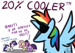 Size: 4093x2894 | Tagged: safe, artist:julunis14, fluttershy, rainbow dash, rarity, twilight sparkle, pegasus, pony, unicorn, series:my little honses, g4, suited for success, 20% cooler, :v, chest fluff, complaining, darling, dialogue, digital art, female, frazzled hair, glasses, high res, implied princess luna, mare, misspelling, open mouth, parody, rarity's glasses, scene interpretation, signature, silly, simple background, sunglasses, trademark, tradesnark, unicorn twilight, white background