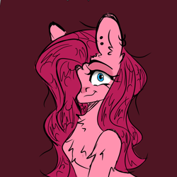 Size: 1280x1280 | Tagged: safe, artist:starkey, pinkie pie, earth pony, pony, g4, chest fluff, crazy face, digital art, ear fluff, ear piercing, earring, faic, hair over one eye, insanity, jewelry, piercing, pink background, pinkamena diane pie, psycho, simple background, slit pupils, smiling, solo
