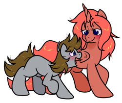 Size: 1550x1300 | Tagged: safe, artist:paperbagpony, oc, alicorn, earth pony, pony, 2023 community collab, derpibooru community collaboration, alicorn oc, blushing, duo, female, horn, mother and child, mother and daughter, simple background, transparent background, wings