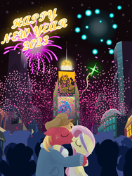 Size: 2880x3840 | Tagged: safe, anonymous artist, big macintosh, fluttershy, rarity, earth pony, pegasus, pony, series:fm holidays, g4, cap, clothes, confetti, crowd, eyes closed, female, fireworks, floppy ears, happy new year, happy new year 2023, hat, headband, high res, holding each other, holiday, jacket, kiss on the lips, kissing, lineless, male, manehattan, mare, new year, night, rarity is a marshmallow, ship:fluttermac, shipping, stallion, straight, turtleneck