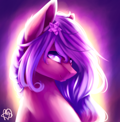 Size: 2418x2480 | Tagged: safe, artist:prettyshinegp, oc, oc only, earth pony, pony, abstract background, bust, earth pony oc, flower, flower in hair, high res, signature, solo