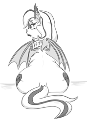 Size: 387x545 | Tagged: safe, artist:jargon scott, oc, oc:arrhythmia, bat pony, bat pony oc, black and white, butt, fat, female, grayscale, large butt, mare, monochrome, plot, rear view, simple background, sitting, solo, the ass was fat, white background, wide hips