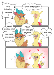 Size: 3732x5197 | Tagged: safe, artist:abyssalrabbit, paprika (tfh), velvet (tfh), alpaca, deer, reindeer, them's fightin' herds, 3 panel comic, comic, community related, dialogue, duo, duo female, female, floating heart, heart, lesbian, looking back, nervous sweat, paprika can talk, shipping, smiling, speech bubble, tail, tail wag, velverika