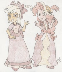 Size: 1208x1400 | Tagged: safe, artist:bageloftime, applejack, pinkie pie, human, equestria girls, g4, clothes, coronation dress, dress, duo, equestria high's paper imposters, fake applejack, fake pinkie, female, humanized, long dress, long skirt, paper, paper applejack, paper imposter, paper pinkie pie, skirt, traditional art