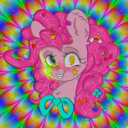 Size: 1280x1280 | Tagged: safe, artist:starkey, pinkie pie, earth pony, pony, smile hd, g4, barrette, bowtie, chest fluff, colorful, ear fluff, eyestrain warning, flower, flower in hair, food, mucus, psychedelic, rainbow, scar, smiling, solo, stars, sticker, strawberry, traditional art, wingding eyes