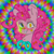 Size: 1280x1280 | Tagged: safe, artist:starkey, pinkie pie, earth pony, pony, smile hd, g4, barrette, bowtie, chest fluff, colorful, ear fluff, eyestrain warning, flower, flower in hair, food, mucus, psychedelic, rainbow, scar, smiling, solo, stars, sticker, strawberry, traditional art, wingding eyes