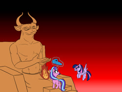 Size: 900x675 | Tagged: safe, artist:slamjam, starlight glimmer, twilight sparkle, alicorn, pony, unicorn, g4, baal, butt, female, fire, gradient background, historical roleplay starlight, mare, moloch, plot, sacrifice, twilight sparkle (alicorn)