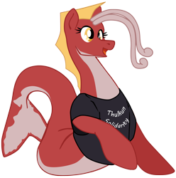 Size: 1954x1973 | Tagged: safe, artist:aaronmk, oc, oc:posada, seapony (g4), 2023 community collab, derpibooru community collaboration, avatar, clothes, disguised hippogriff, female, fish tail, shirt, simple background, smiling, solo, tail, text on clothing, text on shirt, transparent background, vector