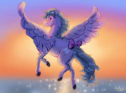Size: 2248x1668 | Tagged: safe, artist:nightprince-art, firefly, pegasus, pony, g1, blushing, bow, butt, female, flying, looking at you, looking back, looking back at you, mare, signature, solo, spread wings, sunset, tail, tail bow, water, wings