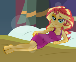 Size: 7032x5760 | Tagged: safe, artist:emeraldblast63, sunset shimmer, human, equestria girls, g4, barefoot, bed, clothes, feet, female, looking at you, painted nails, sleeveless, solo