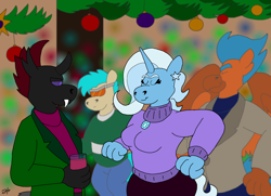 Size: 3054x2209 | Tagged: safe, artist:rotgriff, pharynx, trixie, griffon, pony, anthro, g4, christmas, female, high res, holiday, male, party, phartrix, shipping, straight