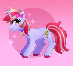 Size: 2330x2096 | Tagged: safe, artist:emera33, oc, oc only, oc:cinnamon lightning, pony, unicorn, bell, bell collar, bow, collar, eyelashes, female, gradient background, hair bow, high res, horn, looking at you, mare, signature, smiling, smiling at you, solo, unicorn oc